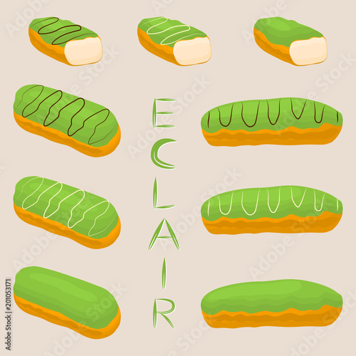 Vector icon illustration logo for cake French eclair with custard cream. Eclair pattern consisting of different colored sweet french dessert confection. Eat tasty cakes eclairs covered in glaze creams