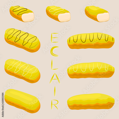 Vector icon illustration logo for cake French eclair with custard cream. Eclair pattern consisting of different colored sweet french dessert confection. Eat tasty cakes eclairs covered in glaze creams