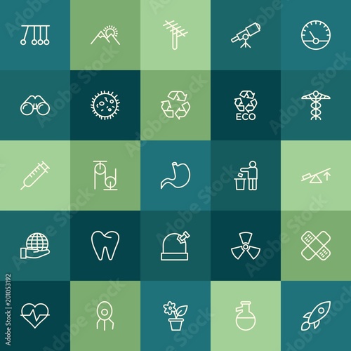 Modern Simple Set of health, science, nature Vector outline Icons. ..Contains such Icons as science, space, balance, rocket, medicine and more on green background. Fully Editable. Pixel Perfect.