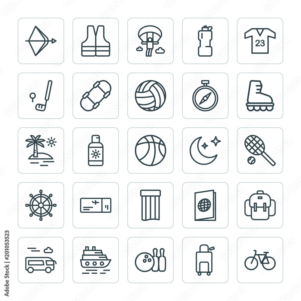 Modern Simple Set of sports, travel Vector outline Icons. ..Contains such Icons as adventure, tourism, water, parachute, rucksack, wheel and more on white background. Fully Editable. Pixel Perfect Modern Simple Set of sports, travel Vector outline Icons. ..Contains such Icons as adventure, tourism, water, parachute, rucksack, wheel and more on white background. Fully Editable. Pixel Perfect