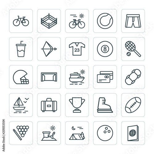 Modern Simple Set of sports, travel Vector outline Icons. ..Contains such Icons as  ball,  race,  competition, passport,  bowling,  tent and more on white background. Fully Editable. Pixel Perfect