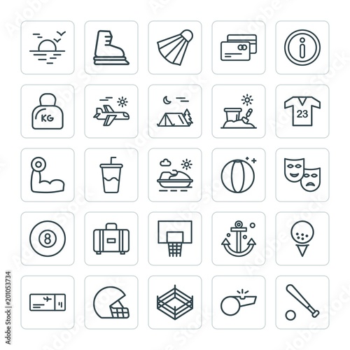 Modern Simple Set of sports, travel Vector outline Icons. ..Contains such Icons as  airplane,  nautical,  arena,  leisure,  boxing, referee and more on white background. Fully Editable. Pixel Perfect