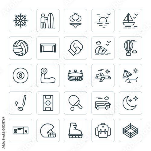 Modern Simple Set of sports, travel Vector outline Icons. ..Contains such Icons as  old,  sport,  ticket, rucksack,  nautical,  boat,  empty and more on white background. Fully Editable. Pixel Perfect