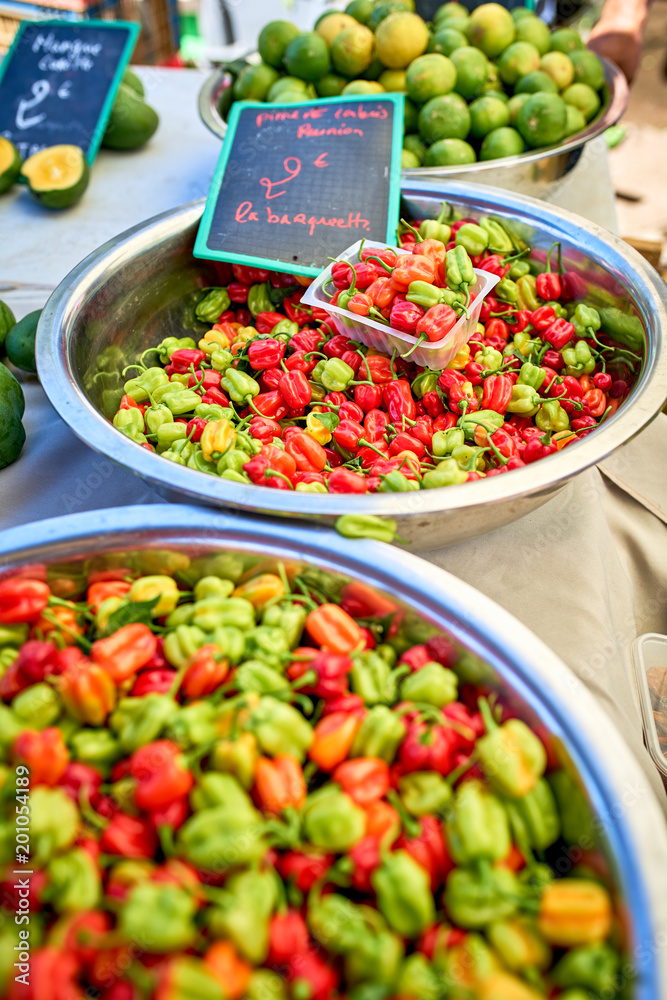 exotic peppers (piments cabri) on local market of Saint-Pierre,