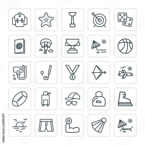 Modern Simple Set of sports, travel Vector outline Icons. ..Contains such Icons as equipment, backpack, sport, bag, beach, ice, shorts and more on white background. Fully Editable. Pixel Perfect
