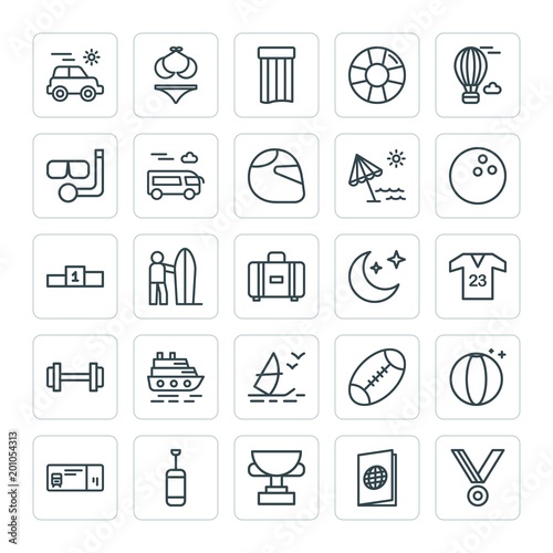 Modern Simple Set of sports, travel Vector outline Icons. ..Contains such Icons as bikini, sport, achievement,  surf, ring, boxing,  black and more on white background. Fully Editable. Pixel Perfect