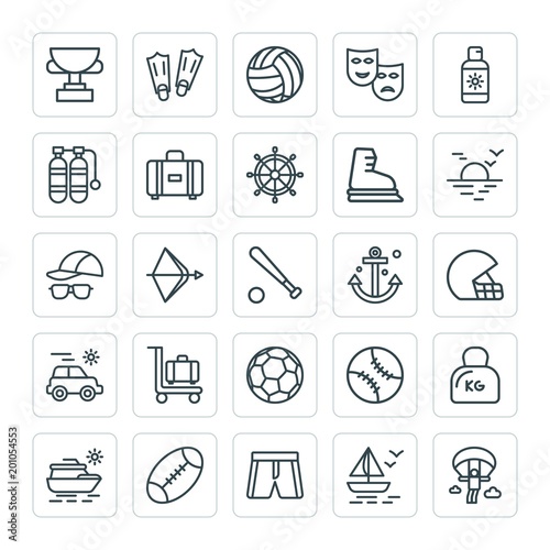 Modern Simple Set of sports, travel Vector outline Icons. ..Contains such Icons as shorts,  kilogram,  yacht, weight,  style,  ragby,  cup and more on white background. Fully Editable. Pixel Perfect