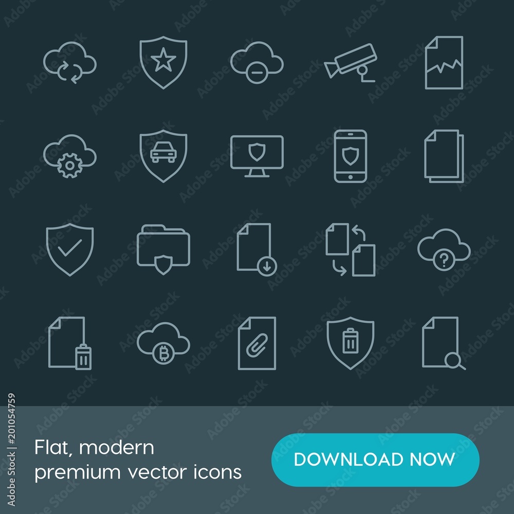 Modern Simple Set of cloud and networking, security, files Vector outline Icons. ..Contains such Icons as  star, delete,  update,  favorite and more on dark background. Fully Editable. Pixel Perfect.