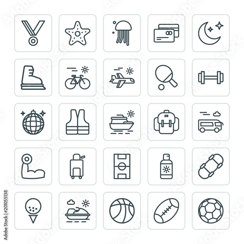 Modern Simple Set of sports, travel Vector outline Icons. ..Contains such Icons as  sea,  skate,  safety,  isolated,  medal, golf,  style and more on white background. Fully Editable. Pixel Perfect