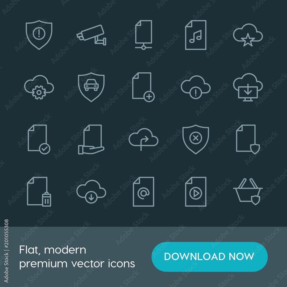 Modern Simple Set of cloud and networking, security, files Vector outline Icons. ..Contains such Icons as information,  computer,  file, add and more on dark background. Fully Editable. Pixel Perfect.