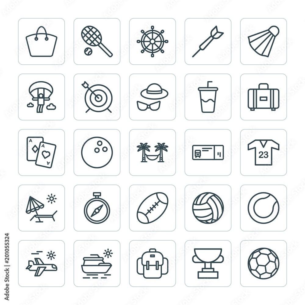 Fototapeta Modern Simple Set of sports, travel Vector outline Icons. ..Contains such Icons as soccer, dartboard, game, equipment, airplane, award and more on white background. Fully Editable. Pixel Perfect