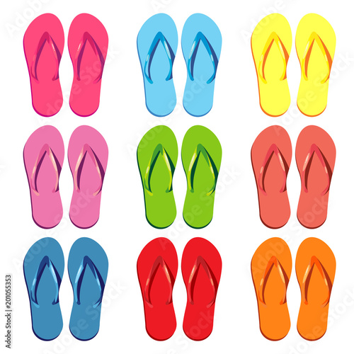 Set of colored slippers for the beach