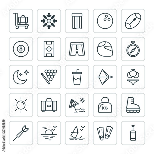 Modern Simple Set of sports, travel Vector outline Icons. ..Contains such Icons as  arrow, luggage, windsurfing,  nautical,  shoe, boxing and more on white background. Fully Editable. Pixel Perfect