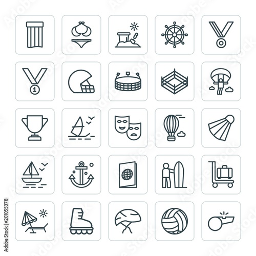 Modern Simple Set of sports, travel Vector outline Icons. ..Contains such Icons as  chair,  fashion, beach, bikini, windsurfing,  bucket and more on white background. Fully Editable. Pixel Perfect