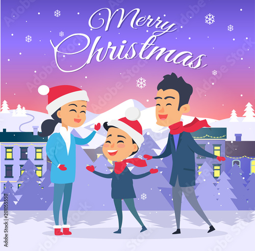 Postcard with Merry Christmas on City Background