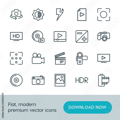 Modern Simple Set of video, photos Vector outline Icons. ..Contains such Icons as concept, space, hand, lightning, tv, old, compact and more on white background. Fully Editable. Pixel Perfect.
