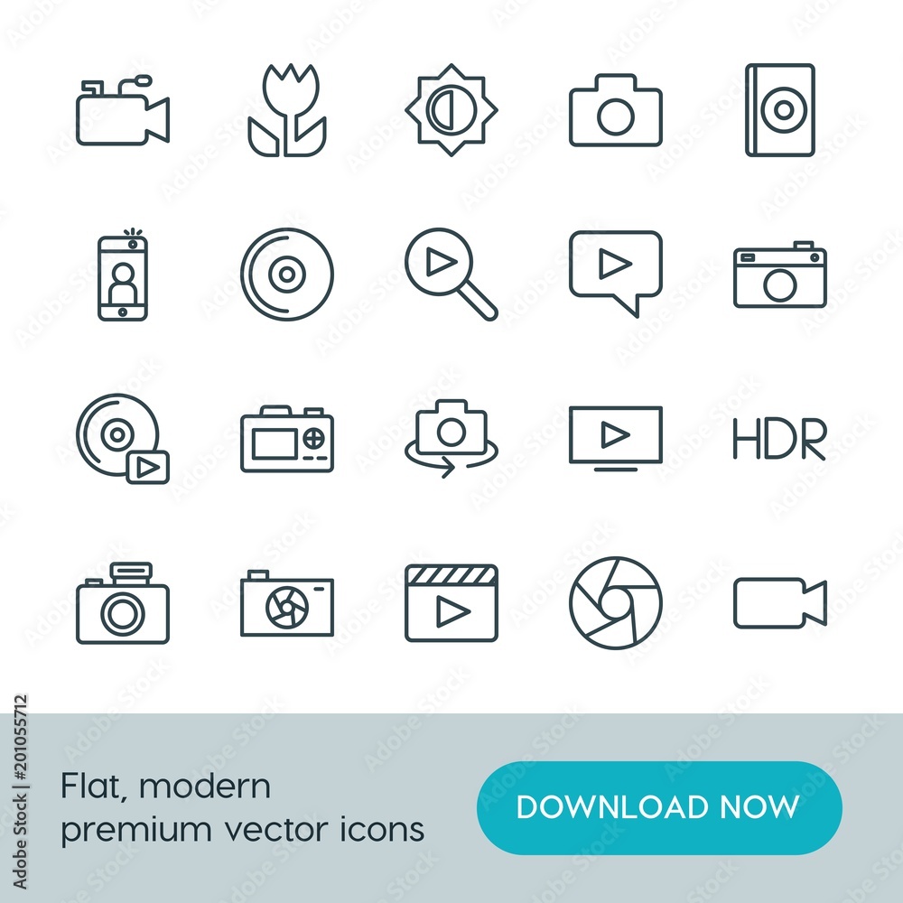 Modern Simple Set of video, photos Vector outline Icons. ..Contains such Icons as cd, selfie, cinema, icon, dvd, technology, background and more on white background. Fully Editable. Pixel Perfect. Modern Simple Set of video, photos Vector outline Icons. ..Contains such Icons as cd, selfie, cinema, icon, dvd, technology, background and more on white background. Fully Editable. Pixel Perfect.