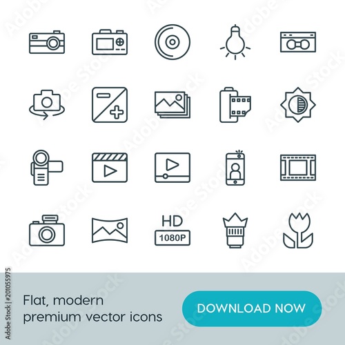Modern Simple Set of video, photos Vector outline Icons. ..Contains such Icons as cinema, set, compact, photo, camera, digital, light and more on white background. Fully Editable. Pixel Perfect.