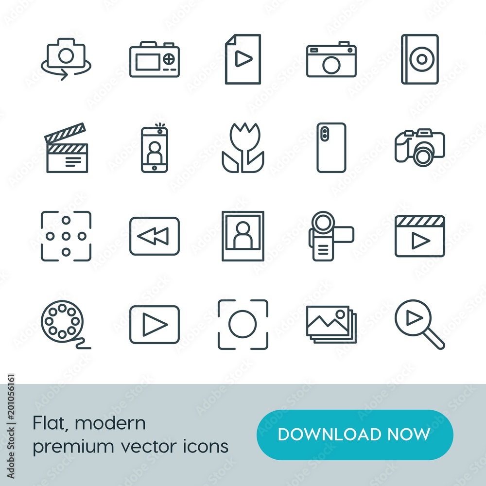 Modern Simple Set of video, photos Vector outline Icons. ..Contains such Icons as  rotate,  caption,  theater, image, dvd,  design,  home and more on white background. Fully Editable. Pixel Perfect.