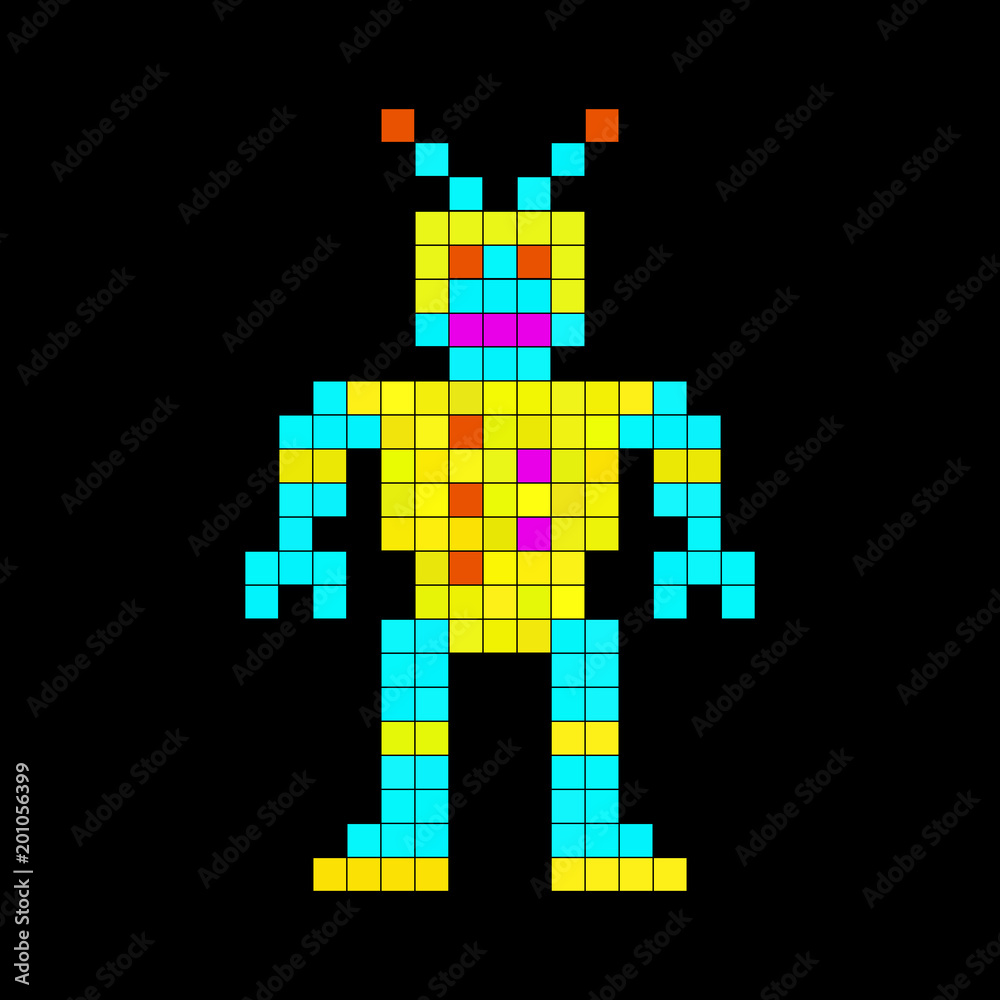 Cartoon blue and yellow robot Isolated on black. Vector retro video game icon. Pixel art. Cartoon blue and yellow robot Isolated on black. Vector retro video game icon. Pixel art.