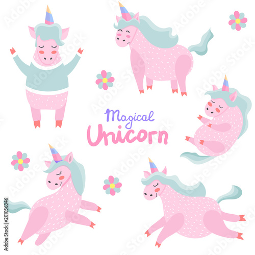 A set of unicorns. Magical. Really. Pink. Children s  for printing on cards and prints on clothes. Bright