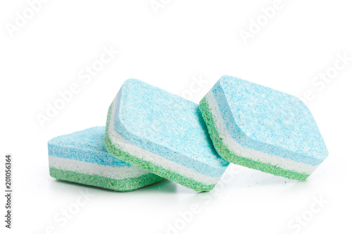 Dishwasher tablets on a white background