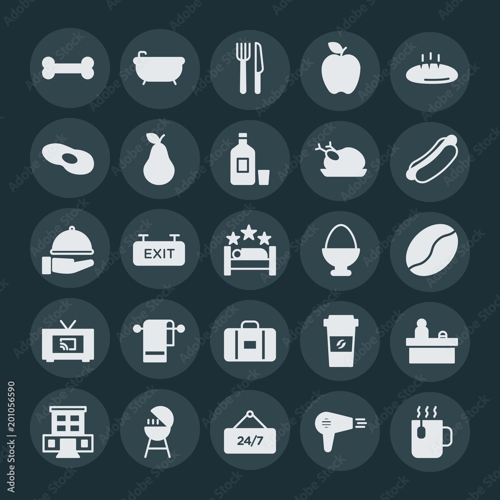 Modern Simple Set of food, hotel, drinks Vector fill Icons. ..Contains such Icons as bone, travel, hairdryer, skeleton, spa, paper, 24 and more on dark background. Fully Editable. Pixel Perfect. Modern Simple Set of food, hotel, drinks Vector fill Icons. ..Contains such Icons as bone, travel, hairdryer, skeleton, spa, paper, 24 and more on dark background. Fully Editable. Pixel Perfect.