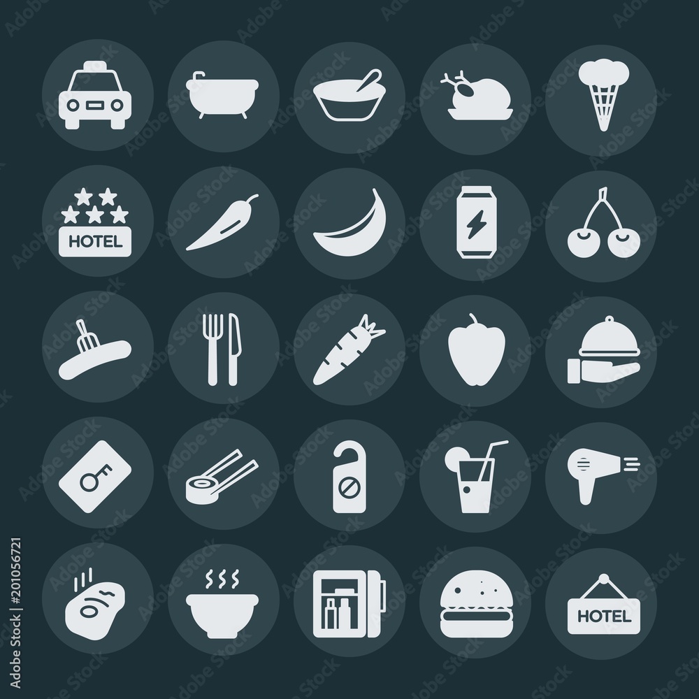 Modern Simple Set of food, hotel, drinks Vector fill Icons. ..Contains such Icons as  car,  care,  fast,  lunch, breakfast, chicken,  blow and more on dark background. Fully Editable. Pixel Perfect.