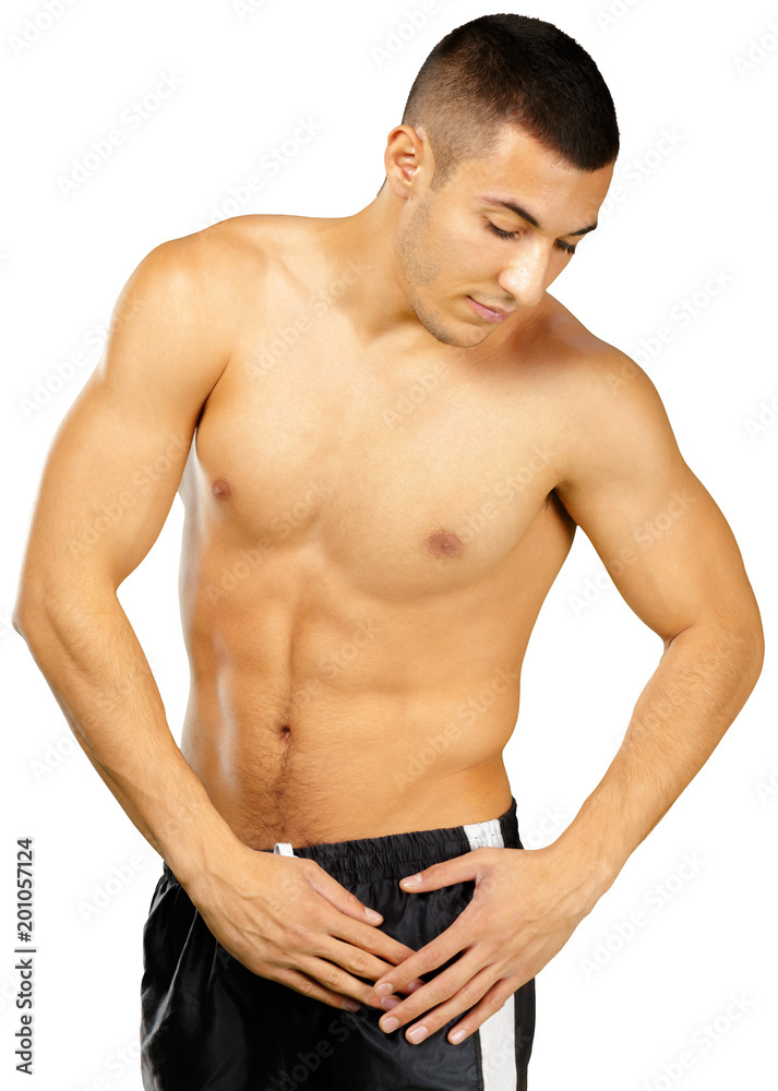 Topless young man bodybuilder posing isolated on white background Topless young man bodybuilder posing isolated on white background