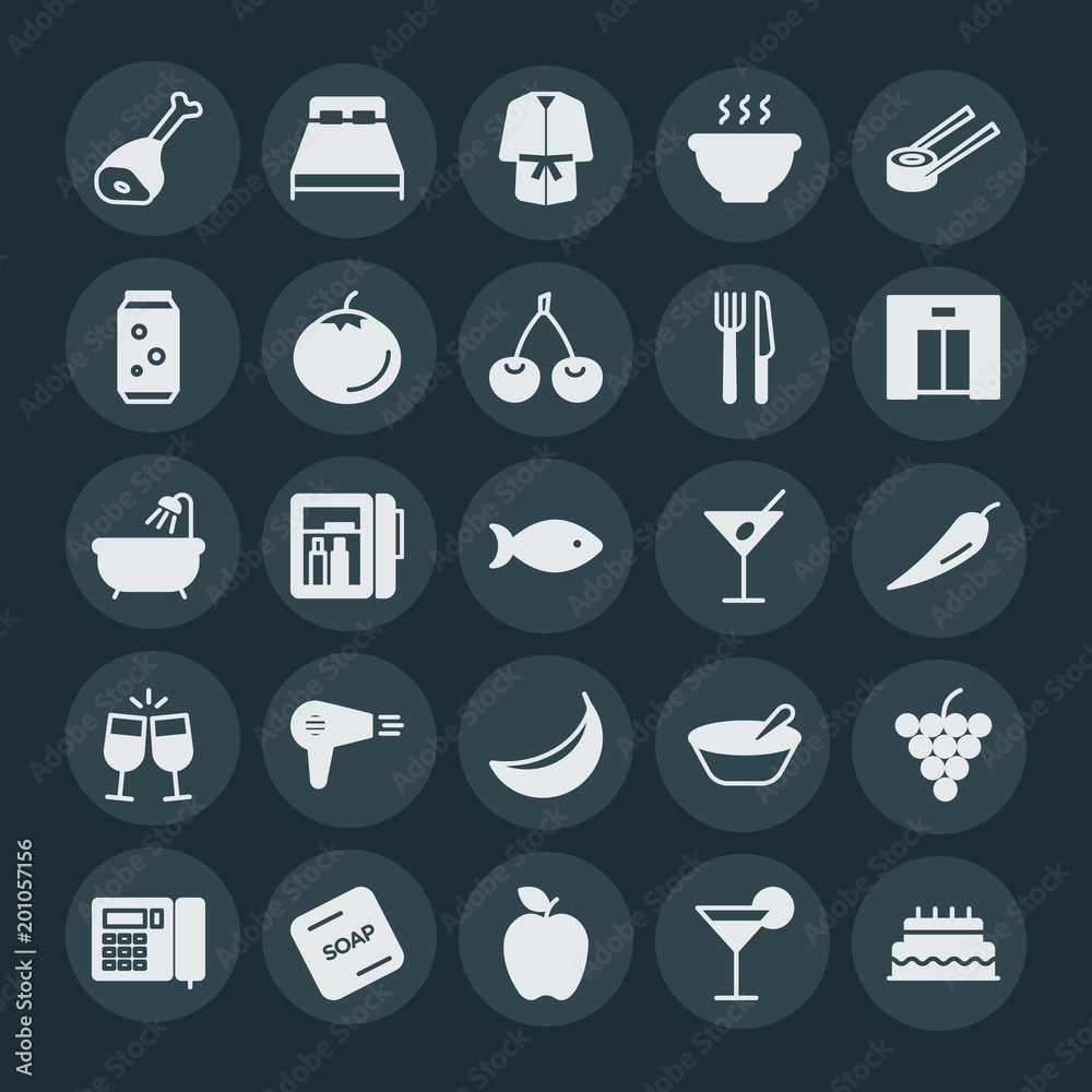 Modern Simple Set of food, hotel, drinks Vector fill Icons. ..Contains such Icons as soup, summer, bathrobe, food, robe, green, stationery and more on dark background. Fully Editable. Pixel Perfect. Modern Simple Set of food, hotel, drinks Vector fill Icons. ..Contains such Icons as soup, summer, bathrobe, food, robe, green, stationery and more on dark background. Fully Editable. Pixel Perfect.