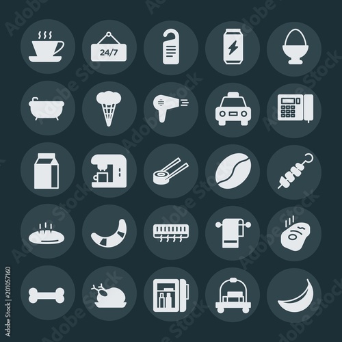 Modern Simple Set of food, hotel, drinks Vector fill Icons. ..Contains such Icons as fresh, disturb, food, hot, beef, rosemary, yellow and more on dark background. Fully Editable. Pixel Perfect.