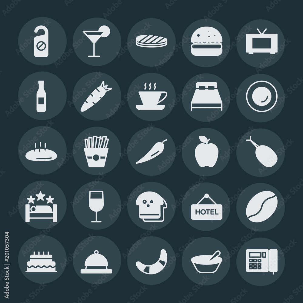 Modern Simple Set of food, hotel, drinks Vector fill Icons. ..Contains such Icons as hamburger, door, hotel, city, bean, bread, salad and more on dark background. Fully Editable. Pixel Perfect. Modern Simple Set of food, hotel, drinks Vector fill Icons. ..Contains such Icons as hamburger, door, hotel, city, bean, bread, salad and more on dark background. Fully Editable. Pixel Perfect.