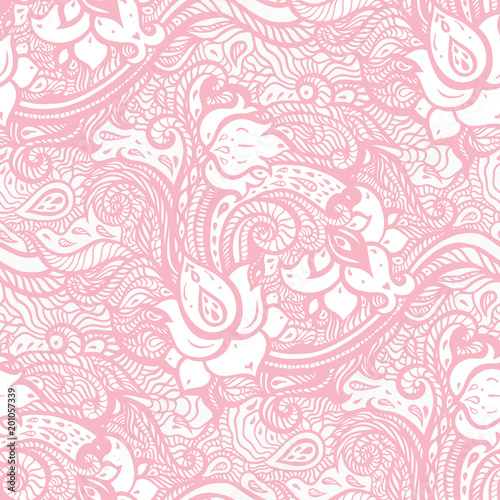 Vintage floral pink background. Beautiful Elegant Ethnic Hand Drawn vintage wallpaper. Seamless pattern with abstract flowers