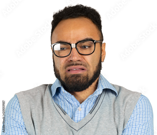 Multicultural man geek expressing frustration and anxiety isolated on white background