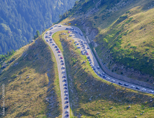 traffic jam on Transfagarasan mountain road, Romania