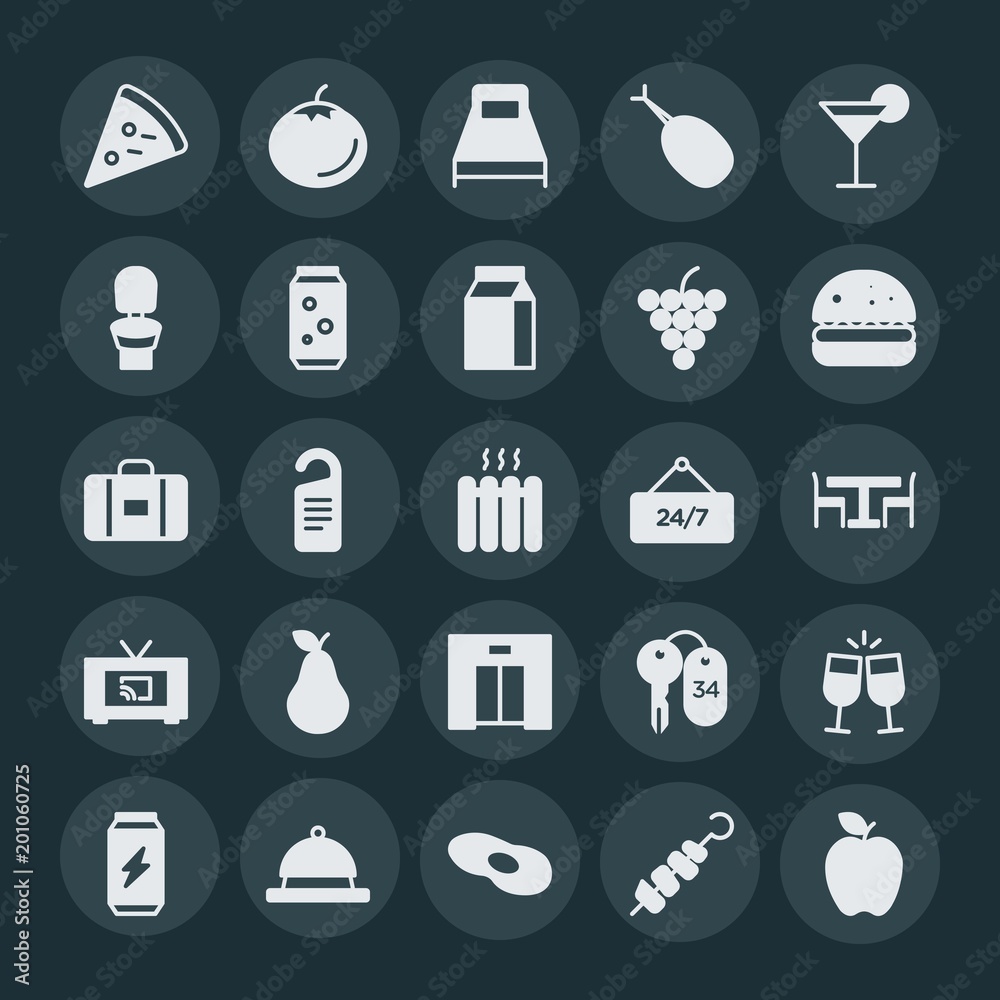 Modern Simple Set of food, hotel, drinks Vector fill Icons. ..Contains such Icons as toast, door, kebab, dinner, party, alcohol, meal and more on dark background. Fully Editable. Pixel Perfect. Modern Simple Set of food, hotel, drinks Vector fill Icons. ..Contains such Icons as toast, door, kebab, dinner, party, alcohol, meal and more on dark background. Fully Editable. Pixel Perfect.
