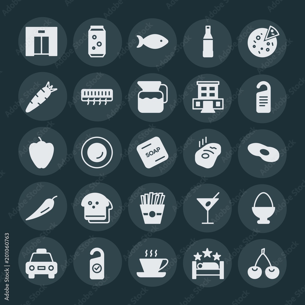 Modern Simple Set of food, hotel, drinks Vector fill Icons. ..Contains such Icons as fish, can, cherry, food, soda, fishing, red, cup and more on dark background. Fully Editable. Pixel Perfect. Modern Simple Set of food, hotel, drinks Vector fill Icons. ..Contains such Icons as fish, can, cherry, food, soda, fishing, red, cup and more on dark background. Fully Editable. Pixel Perfect.