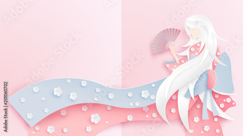 Illustration of Japanese girl wearing kimono costume with cherry blossoms pattern. Paper art style of Japanese girl wearing national dress. Paper art and craft style. vector.