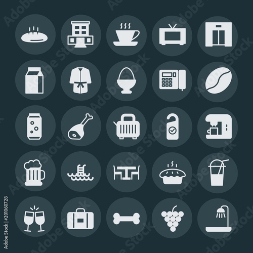 Modern Simple Set of food, hotel, drinks Vector fill Icons. ..Contains such Icons as building, celebration, bag, hotel, glass, food and more on dark background. Fully Editable. Pixel Perfect.
