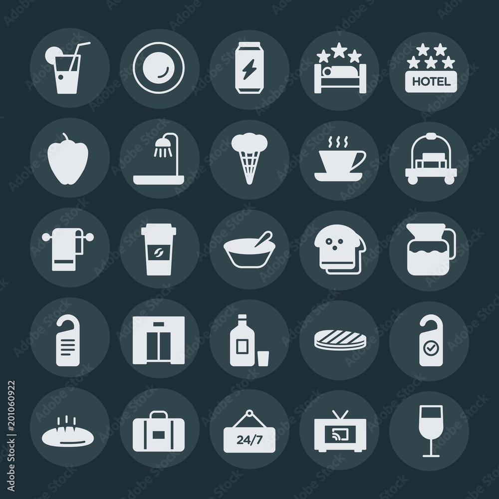 Modern Simple Set of food, hotel, drinks Vector fill Icons. ..Contains such Icons as wineglass, suitcase, paper, plate, room, food, 24 and more on dark background. Fully Editable. Pixel Perfect. Modern Simple Set of food, hotel, drinks Vector fill Icons. ..Contains such Icons as wineglass, suitcase, paper, plate, room, food, 24 and more on dark background. Fully Editable. Pixel Perfect.