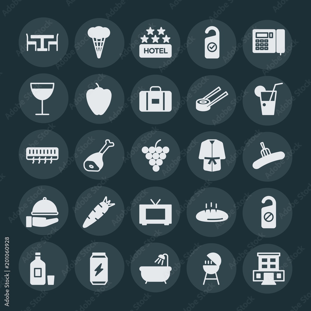 Modern Simple Set of food, hotel, drinks Vector fill Icons. ..Contains such Icons as vector, stationery, motel, steak, meat, bath, care and more on dark background. Fully Editable. Pixel Perfect. Modern Simple Set of food, hotel, drinks Vector fill Icons. ..Contains such Icons as vector, stationery, motel, steak, meat, bath, care and more on dark background. Fully Editable. Pixel Perfect.