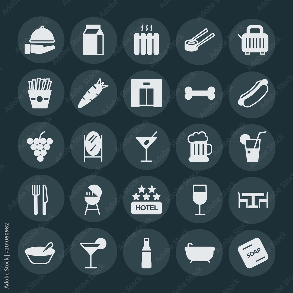 Modern Simple Set of food, hotel, drinks Vector fill Icons. ..Contains such Icons as house, wineglass, drink, wine, dinner, toaster and more on dark background. Fully Editable. Pixel Perfect. Modern Simple Set of food, hotel, drinks Vector fill Icons. ..Contains such Icons as house, wineglass, drink, wine, dinner, toaster and more on dark background. Fully Editable. Pixel Perfect.