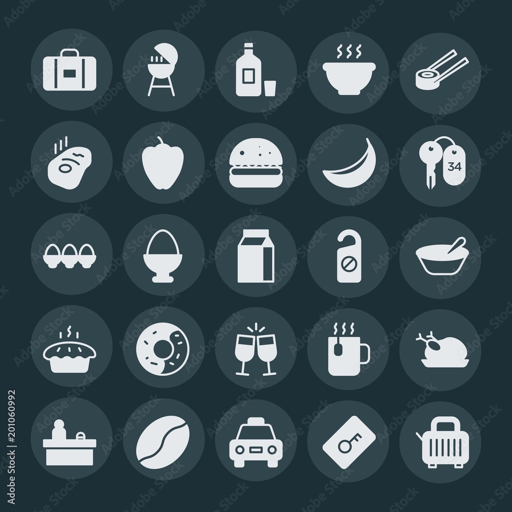 Modern Simple Set of food, hotel, drinks Vector fill Icons. ..Contains such Icons as white, roasted, lock, desk, city, breakfast, cab and more on dark background. Fully Editable. Pixel Perfect. Modern Simple Set of food, hotel, drinks Vector fill Icons. ..Contains such Icons as white, roasted, lock, desk, city, breakfast, cab and more on dark background. Fully Editable. Pixel Perfect.