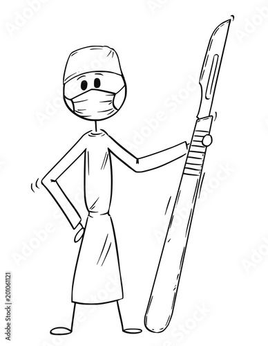 Cartoon stick man drawing conceptual illustration of doctor surgeon holding big scalpel. Concept of surgery and healthcare.