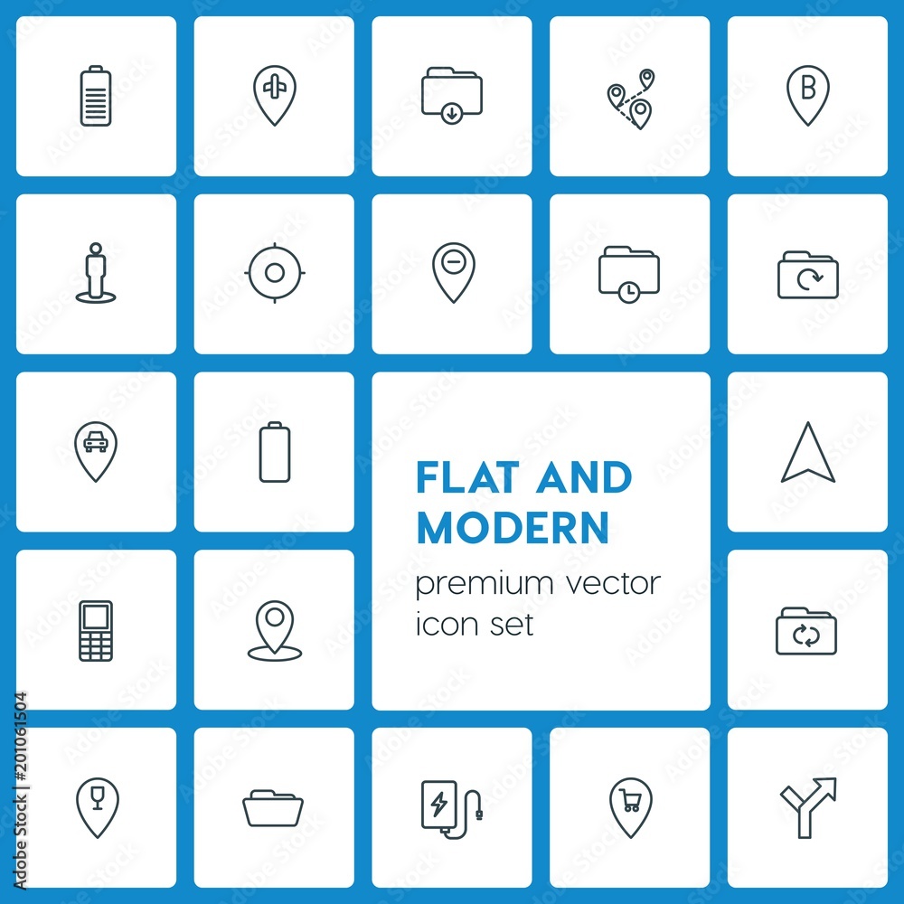 Modern Simple Set of location, folder, mobile Vector outline Icons. ..Contains such Icons as battery, restaurant, location, paper, arrow and more on dark background. Fully Editable. Pixel Perfect Modern Simple Set of location, folder, mobile Vector outline Icons. ..Contains such Icons as battery, restaurant, location, paper, arrow and more on dark background. Fully Editable. Pixel Perfect
