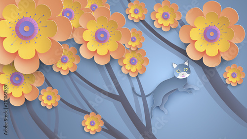 Illustration of beautiful blooming flowers with cats in night. the cat is under sakura tree in the spring. paper cut and craft style. vector, illustration.