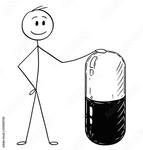Cartoon stick man drawing conceptual illustration of businessman holding big capsule pill. Concept of medicine and healthcare.