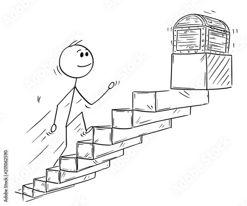 Cartoon stick man drawing conceptual illustration of businessman running up stairs or staircase for treasure chest. Business concept of success and career.