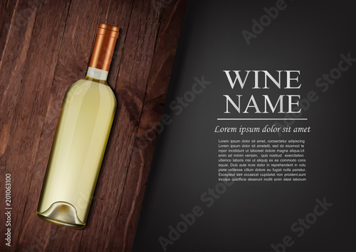 Advertising banner.A realistic bottle of white wine with black label in photorealistic style on wooden dark board,black background like chalk board,text.Wine presentation brochure.Vector illustration