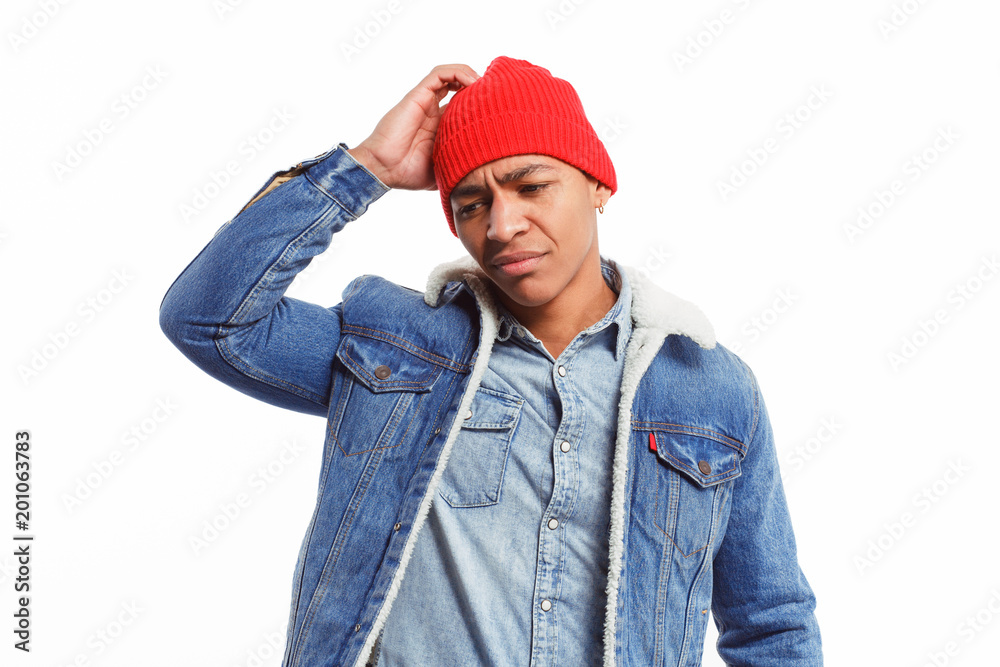 Perplexed casual guy on white background Perplexed casual guy on white background